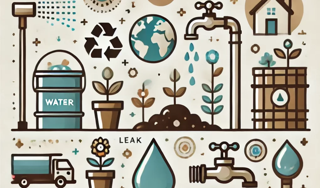 Minimalist illustration depicting sustainable water conservation practices. The image features eco-friendly visuals such as a sprinkler system, a rain barrel collecting water, a faucet with a water drop to represent leaks, mulch around plants, and a water-efficient showerhead. The design is clean, with earthy colors and a nature-inspired theme.