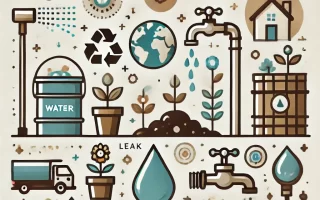 Minimalist illustration depicting sustainable water conservation practices. The image features eco-friendly visuals such as a sprinkler system, a rain barrel collecting water, a faucet with a water drop to represent leaks, mulch around plants, and a water-efficient showerhead. The design is clean, with earthy colors and a nature-inspired theme.