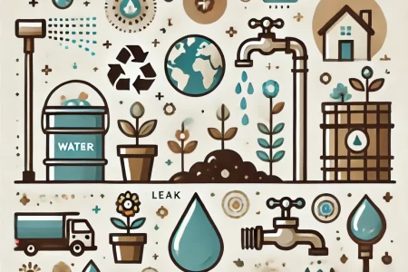 Minimalist illustration depicting sustainable water conservation practices. The image features eco-friendly visuals such as a sprinkler system, a rain barrel collecting water, a faucet with a water drop to represent leaks, mulch around plants, and a water-efficient showerhead. The design is clean, with earthy colors and a nature-inspired theme.